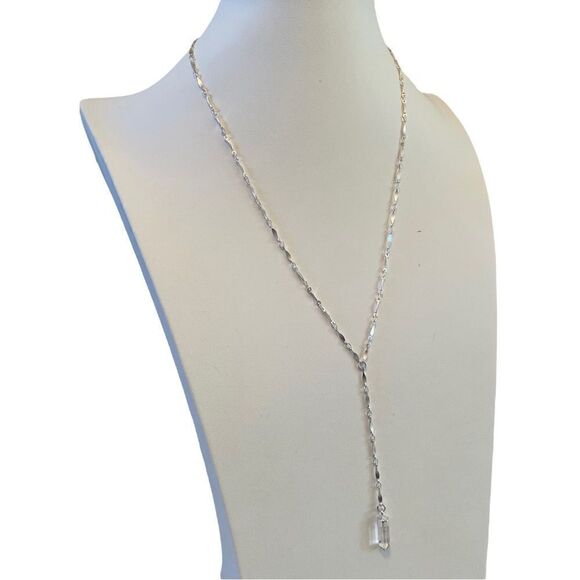Silver Toned Y Necklace w/Crystal Pendant on Beautiful Delicate Chain. - Picture 2 of 5